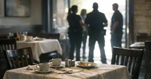 Empty restaurant table with disturbed place settings, silhouetted staff figures visible in background near entrance