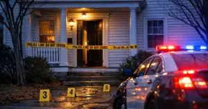 Police tape and cruiser lights at a New Hampshire home entrance following a reported break-in incident