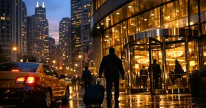 Silhouetted traveler with luggage approaching illuminated downtown hotel entrance at dusk with taxi at curb