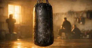 Worn punching bag hanging in empty martial arts training hall with warm natural lighting