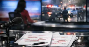 News desk with correction papers in foreground, monitor showing NYC street footage in background