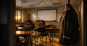 Empty ROTC classroom with military uniform on stand, desks in rows, dramatic natural lighting through windows