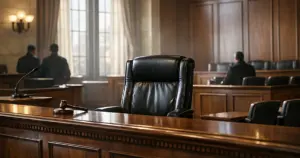 Empty federal courtroom with judicial bench, witness stand, and afternoon light streaming through windows