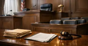 Empty federal courtroom bench with sealed documents and folders on polished wood surface