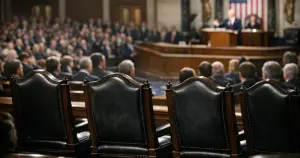 Four empty Supreme Court chairs in House Chamber during State of the Union address with president at distant podium