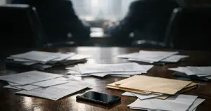 Smartphone and scattered documents on conference table with silhouetted figures in background