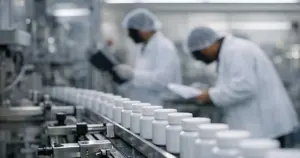 Pharmaceutical production line with white pill bottles on conveyor belt in sterile manufacturing facility