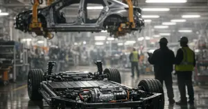 Electric vehicle chassis suspended on factory assembly line with workers silhouetted in background