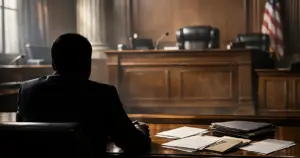 Silhouetted figure seated at witness table in federal courtroom with scattered documents and empty judge's bench