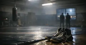 Empty wrestling mat with abandoned wrestling shoes under fluorescent lights with barred window in background