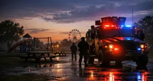 Military vehicle with emergency lights at entrance to empty public park at dusk