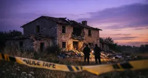 Abandoned farmhouse with police tape in Italian countryside at dusk