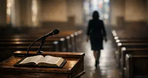 Empty church pulpit with silhouetted figure walking away through sanctuary aisle