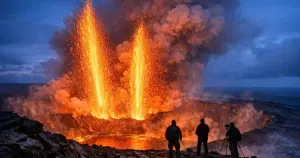 Active volcanic crater erupting twin lava fountains into darkening sky with illuminated ash clouds