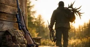 Hunting rifle and boots against cabin wall in warm afternoon light with forest background