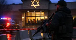 Armed security guard standing outside Michigan synagogue with emergency lights visible in background