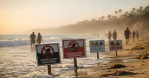 Health warning signs posted in sand at water's edge on Southern California beach with ocean waves and distant figures