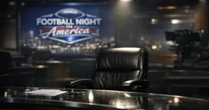 Empty chair at NBC Sports studio desk with Football Night in America logo visible in dim background
