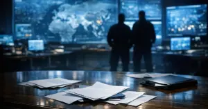 National security operations room with glowing screens and scattered documents on conference table