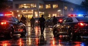 Police vehicles with flashing emergency lights positioned outside a Veterans Affairs medical clinic at dusk