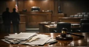 Empty courtroom with scattered legal documents on prosecution table, judge's bench illuminated under harsh lighting