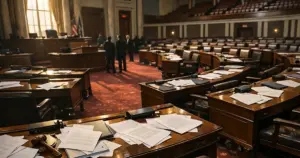 Empty legislative chamber with scattered papers on desks after bipartisan housing bill debate