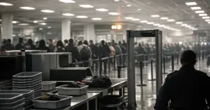 Empty TSA security checkpoint with stacked bins and long lines of travelers in silhouette under fluorescent terminal lighting