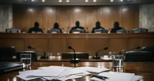 Empty Senate hearing room with microphones and witness table prepared for testimony session