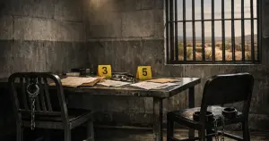 Empty detention room with barred window showing Texas desert, evidence of human smuggling operation investigation
