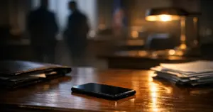 Smartphone lying face-down on wooden desk in dimly lit government office with dramatic shadows