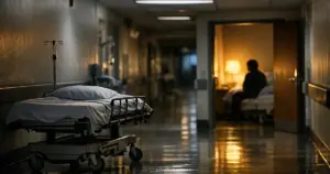 Empty hospital gurney in corridor with silhouetted figure visible through doorway of occupied patient room