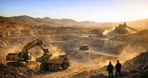 Open-pit mining operation with heavy equipment excavating mineral deposits in West Texas desert landscape
