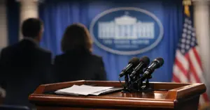 Empty White House press briefing room podium with microphones and blue curtain backdrop in warm lighting