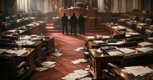 Empty legislative chamber with scattered papers on desks, dramatic side lighting creating shadows across burgundy carpet
