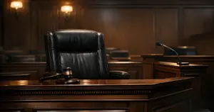 Empty judge's bench and chair in a dark courtroom interior with dramatic overhead lighting