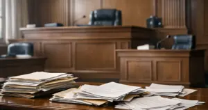 Empty courtroom with judge's bench and scattered legal documents on defense table in natural window light