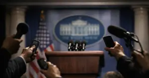 Empty White House press briefing podium with microphones and silhouetted reporters reaching forward with devices