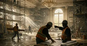 Construction workers in silhouette inside grand ballroom with scaffolding and afternoon light through tall windows