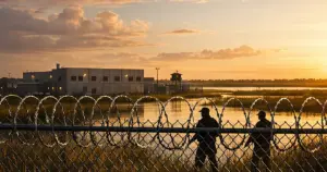 Detention facility with razor wire fencing at edge of Everglades wetlands at sunset