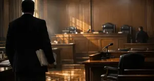 Interior of federal courtroom with empty judicial bench and silhouetted attorney figure holding documents