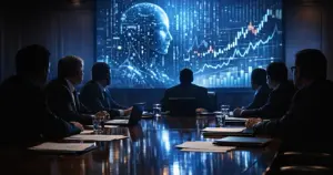 Silhouetted executives gathered around boardroom table during emergency financial meeting with glowing screens