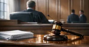 Federal courtroom bench with gavel striking beside legal documents in natural window light