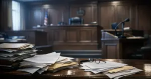 Empty British courtroom with scattered legal documents on defense table, dramatic lighting through tall windows