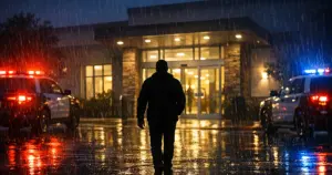 Silhouetted figure walking toward illuminated treatment facility entrance with emergency lights reflecting on wet pavement