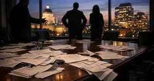 Government office with silhouetted figures around table scattered with budget documents at dusk