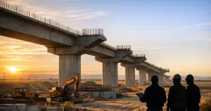 Incomplete elevated railway viaduct with exposed rebar and idle construction equipment in California Central Valley