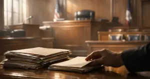 Empty San Francisco courtroom with afternoon light streaming across judge's bench and case files on table