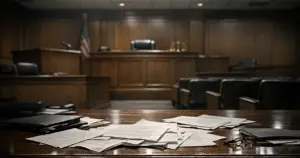 Empty courtroom interior with judge's bench, witness stand, and scattered legal documents on defense table