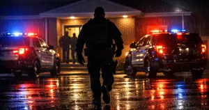 Law enforcement officer silhouette approaching police station at night with emergency vehicle lights flashing