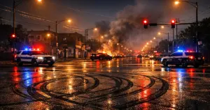 Empty Chicago intersection at night with police lights reflecting on wet pavement and tire marks visible on street